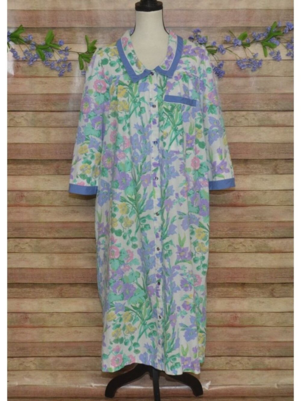 VTG Models Coat House Dress Purple Floral Cotton 12 Pearl Snaps Pockets USA Made